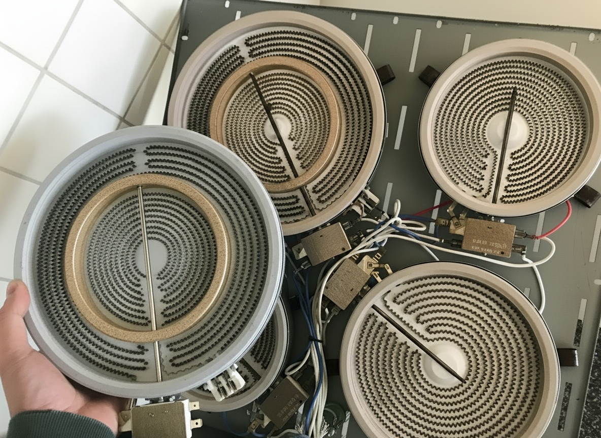 A hand holds a circular electric stove heating element, revealing its intricate spiral coil. In the background, three other similar elements are visible within what appears to be the internal structure of a stove, connected by various wires and electrical components, illustrating an appliance repair or replacement process.